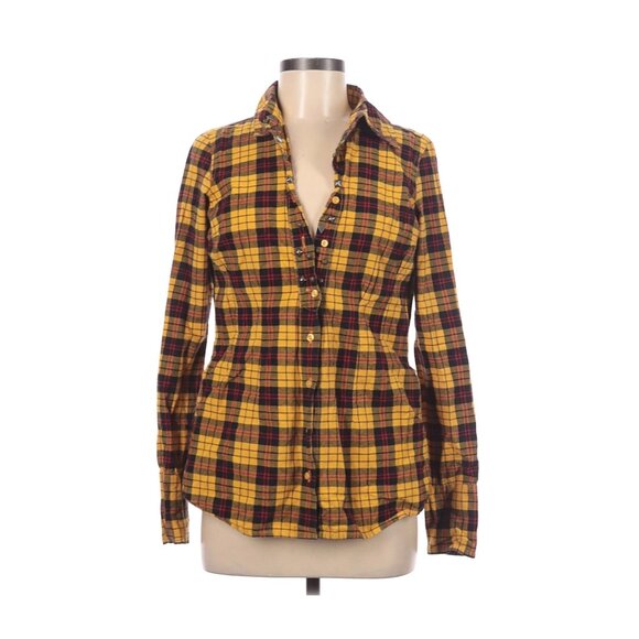 BKE Womens Yellow & Black Plaid Button-Up Shirt With Studded Collar M - Picture 2 of 4